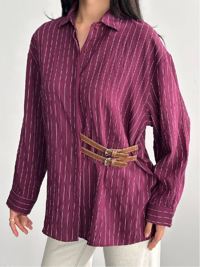 Mistix Bordowa Koszula Oversize Z Kołnierzykiem Polo I Paskami Hurtowa sprzedaż odzieży Casual