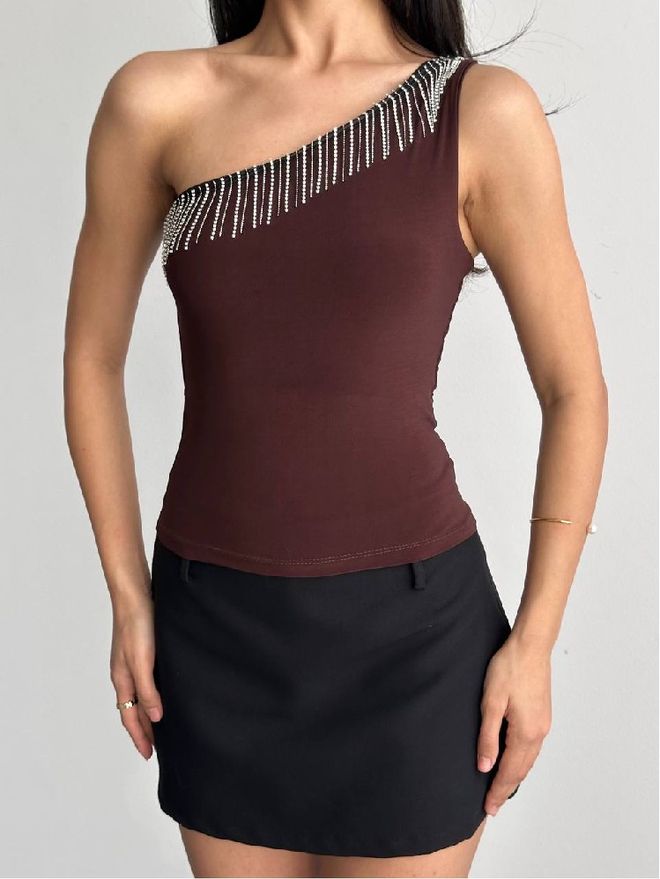 Mistix Smeđa Sexy Glamurozan Bluza Na Jedno Rame Veleprodaja odjeće Ležerni