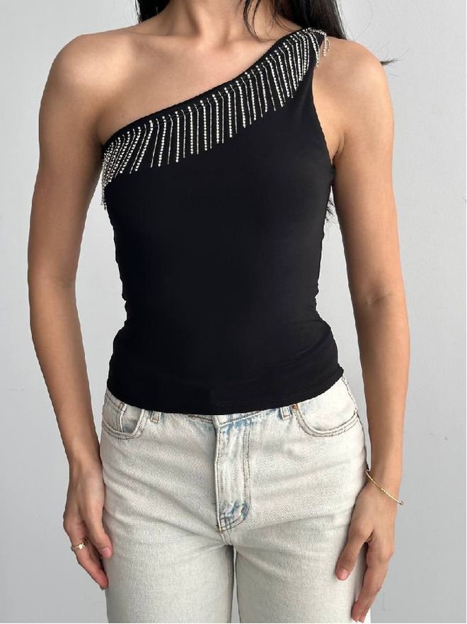 Mistix Crna Bluza S Dekolteom Na Jedno Rame I Uskim Krojem Veleprodaja odjeće Sexy