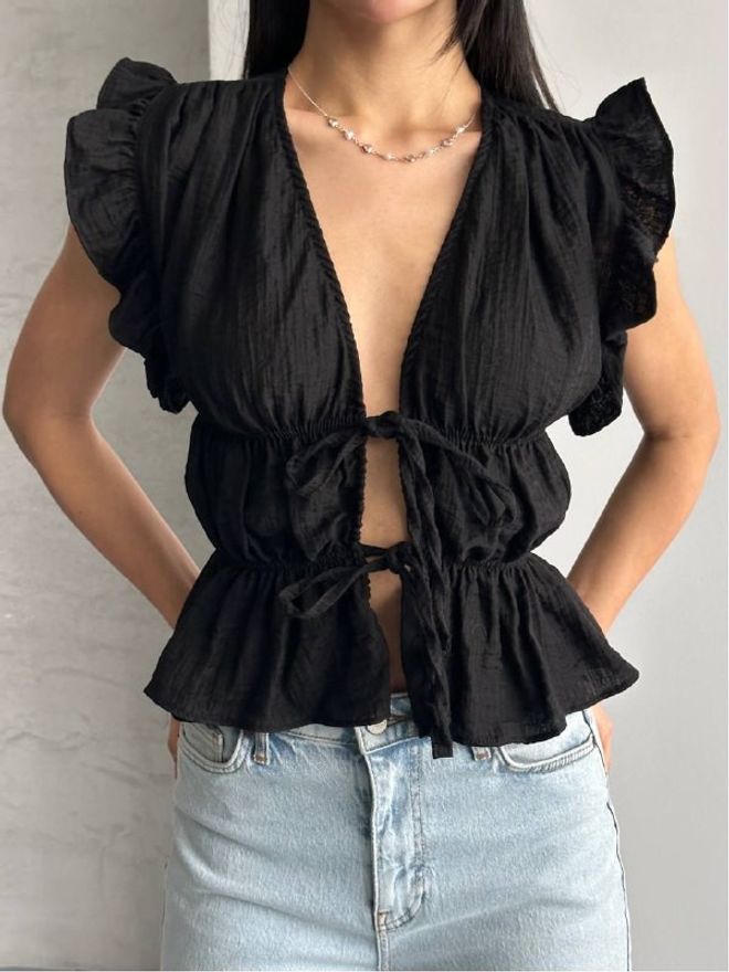 Mistix Μαύρη Στενή Μπλούζα Με Βολάν Στα Μανίκια Σέξι Και Casual Χονδρικό εμπόριο ενδυμάτων Casual