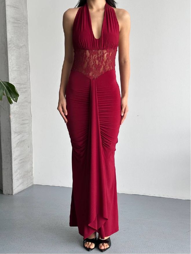 Mistix Tamsiai Raudona Bodycon Suknelė Su Giliu Iškirpimu Didmeninė prekyba drabužiais Čiuožėjos