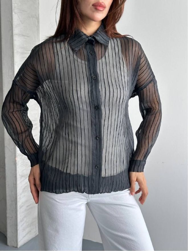 Mistix Chemise Noire Rayée À Col Polo Boutonnée Vêtements en gros Décontracté