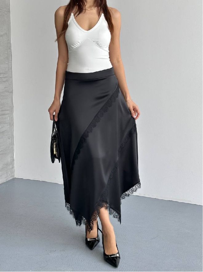 Mistix Schwarzer Asymmetrischer Midi Rock Eleganter Retro Stil Großhandelskleidung Jahrgang