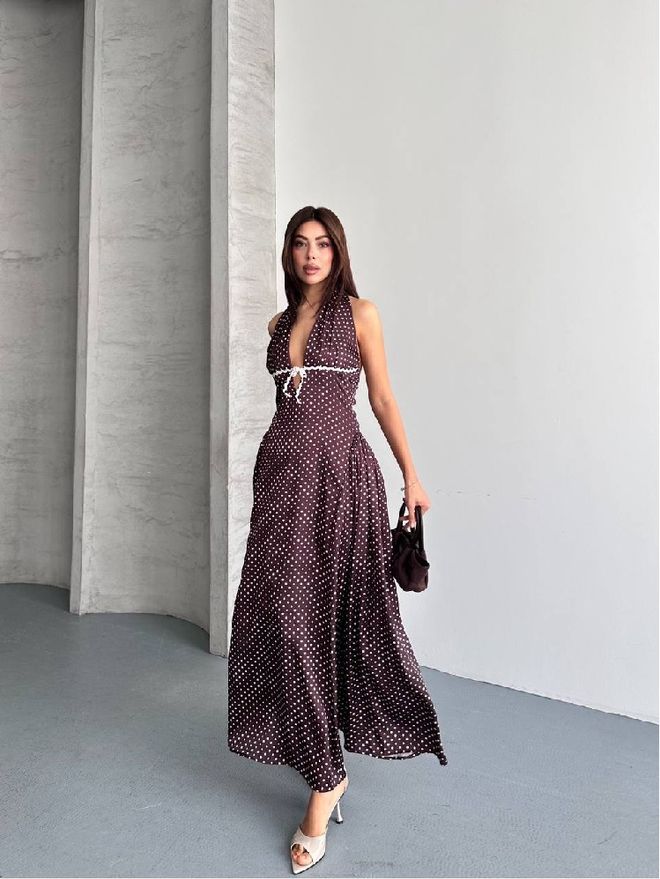 Mistix Vestido Marrón Con Lunares Sin Mangas Y Cuello Halter Maxi Ropa al por mayor Casual