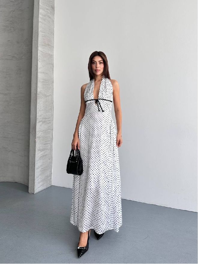 Mistix Vestido Blanco Sexy Elegante Formal Sin Mangas Lunares Slip Cuello Halter Maxi Manga Casquillo Ropa al por mayor Sexy