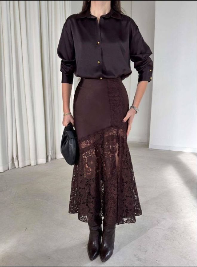 Mistix Elegante Falda Marrón Sirena Maxi Con Cintura Alta Ropa al por mayor Sexy