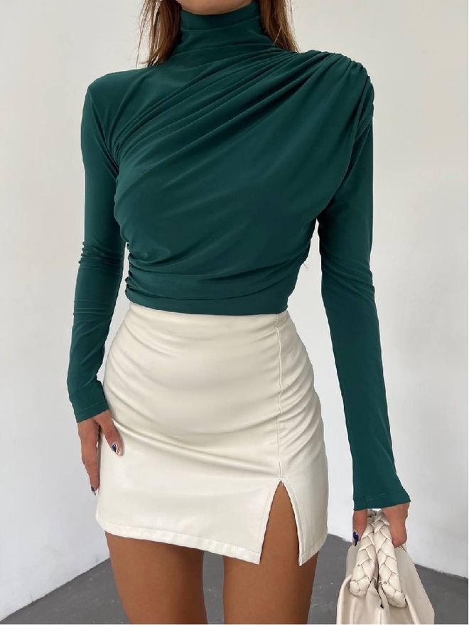 Mistix Žalia Eleganti Slim Fit Palaidinė Su Aukštu Kaklu Didmeninė prekyba drabužiais Kokteilinė