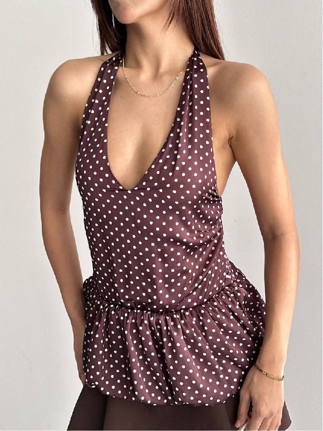 Mistix Bruine Polka Dot Mouwloze Slim Fit Halter Hals Crop Blouse Groothandel Kleding Casual