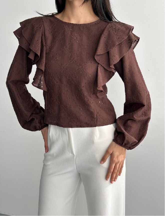 Mistix Brązowa Elegancka Bluzka Z Rękawami Z Falbanami Hurtowa sprzedaż odzieży Casual