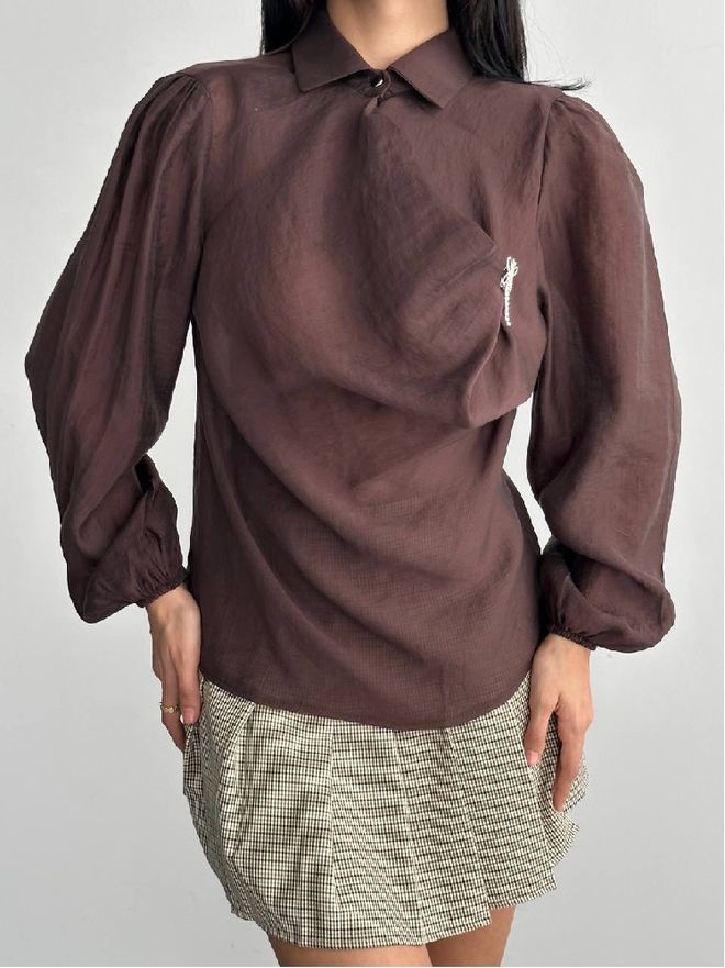 Mistix Cămașă Maro Elegantă Vintage Retro Îmbrăcăminte cu ridicata Vintage