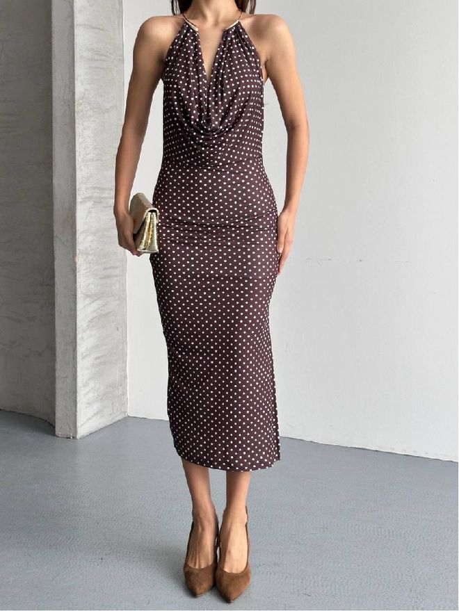 Mistix فستان بني منقط بوديكون برقبة هالتر ملابس بالجملة غير رسمي