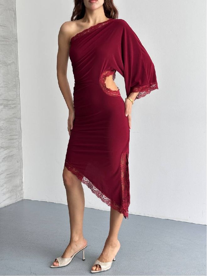 Mistix Tamsiai Raudona Elegantiška Draperinė Suknelė Midi Didmeninė prekyba drabužiais Čiuožėjos