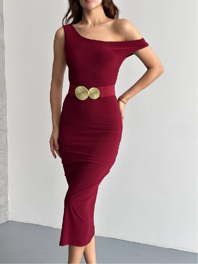 Mistix Seksi Bodycon Obleka Bordo Rdeča Z Vratom Z Eno Ramo Oblačila na debelo Seksi