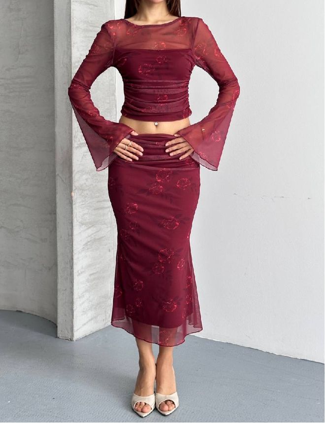 Mistix Conjunto Rojo Clarete Sexy Elegante Glam Antiguo Lápiz Midi Ropa al por mayor Antiguo