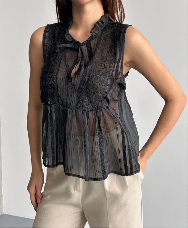 Mistix Κομψή Μαύρη Μπλούζα Με V λαιμόκοψη Αμάνικη Χονδρικό εμπόριο ενδυμάτων Casual