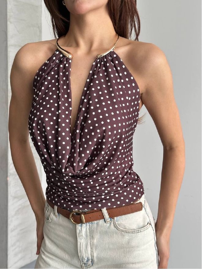 Mistix Коричневая Блузка В Горошек Без Рукавов С Воротником стойкой Оптовая продажа одежды Повседневный