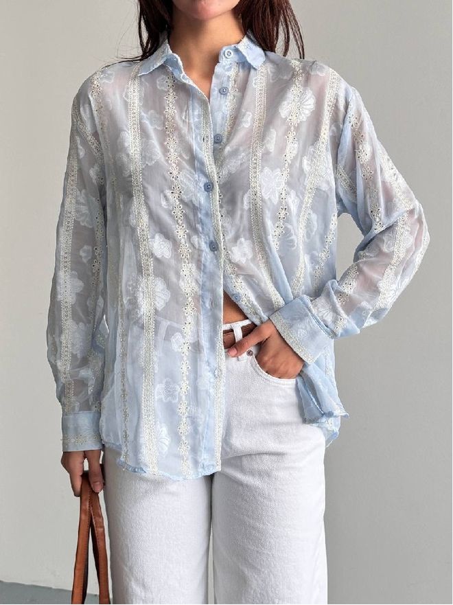 Mistix Plava Cvjetna Prugasta Ležerna Elegantna Boho Majica Veleprodaja odjeće Ležerni