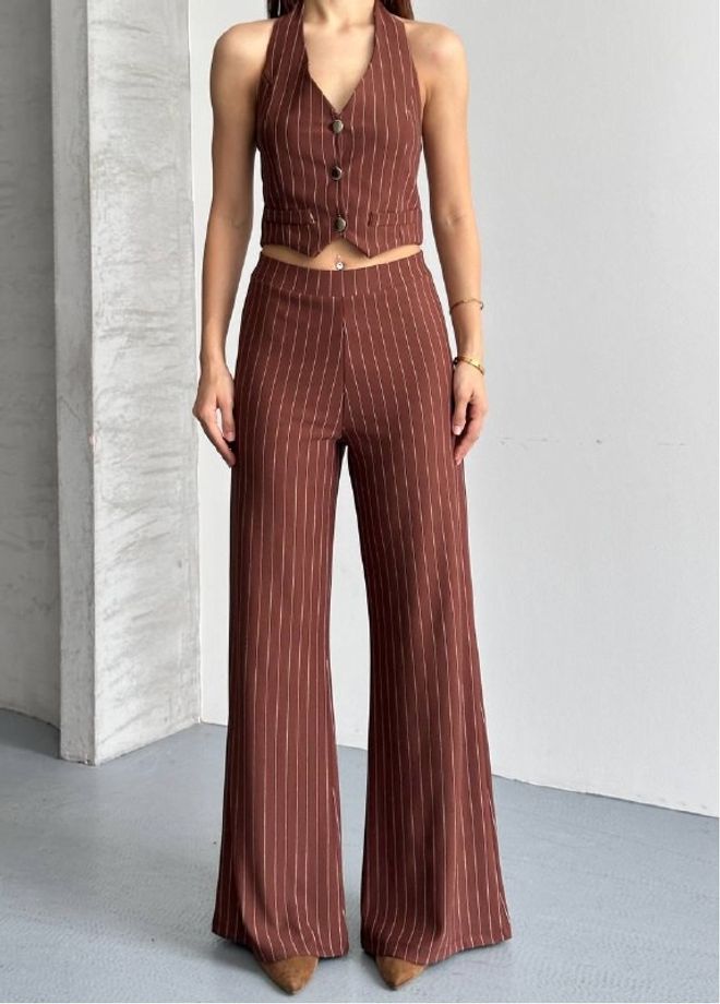 Mistix Brown Elegant Retro Buttoned Palazzo Set Wholesale Clothing Casual