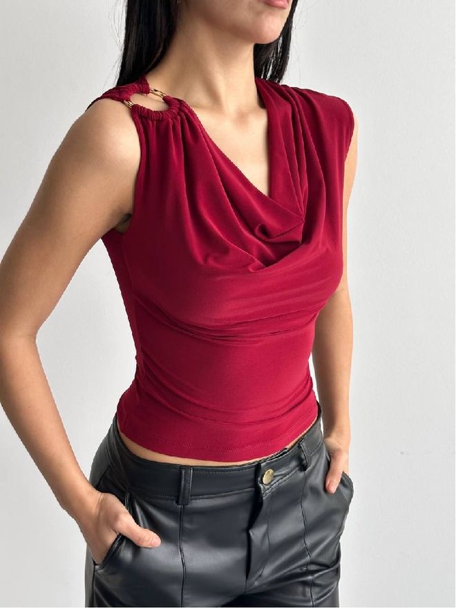 Mistix Блузка Бордового Красного Цвета Приталенная Без Рукавов С Вырезом капюшон Оптовая продажа одежды Повседневный