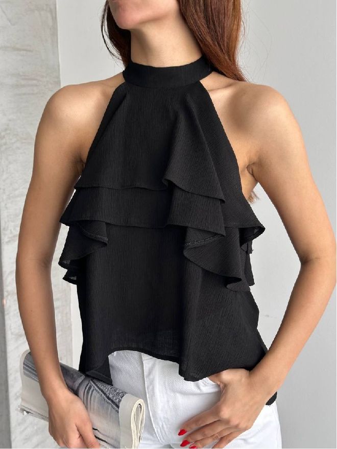 Mistix Schwarze Bluse Mit Neckholder Und Flatterärmeln Großhandelskleidung Lässig