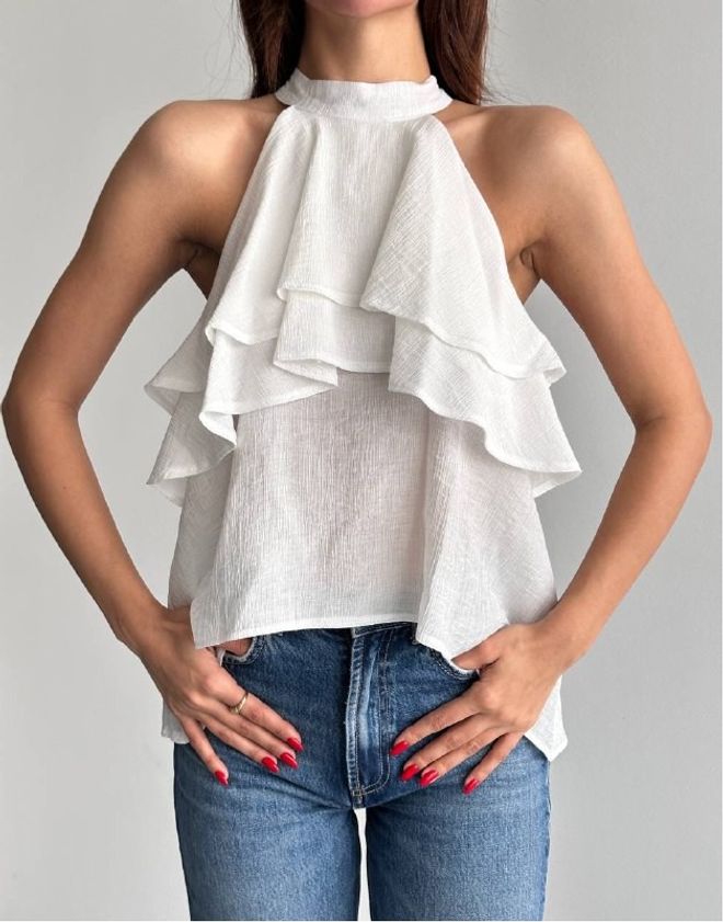 Mistix Biela Blúzka S Halter Neck A Nariasenými Rukávmi Veľkoobchod s oblečením Neformálny