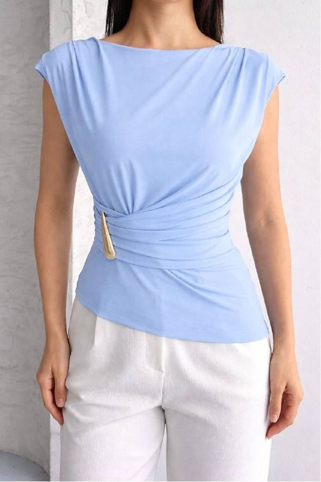 Mistix Modra Bluza Eleganten Ozek Kroj Čoln Vrat Kapa Sleeve Oblačila na debelo Ležerno