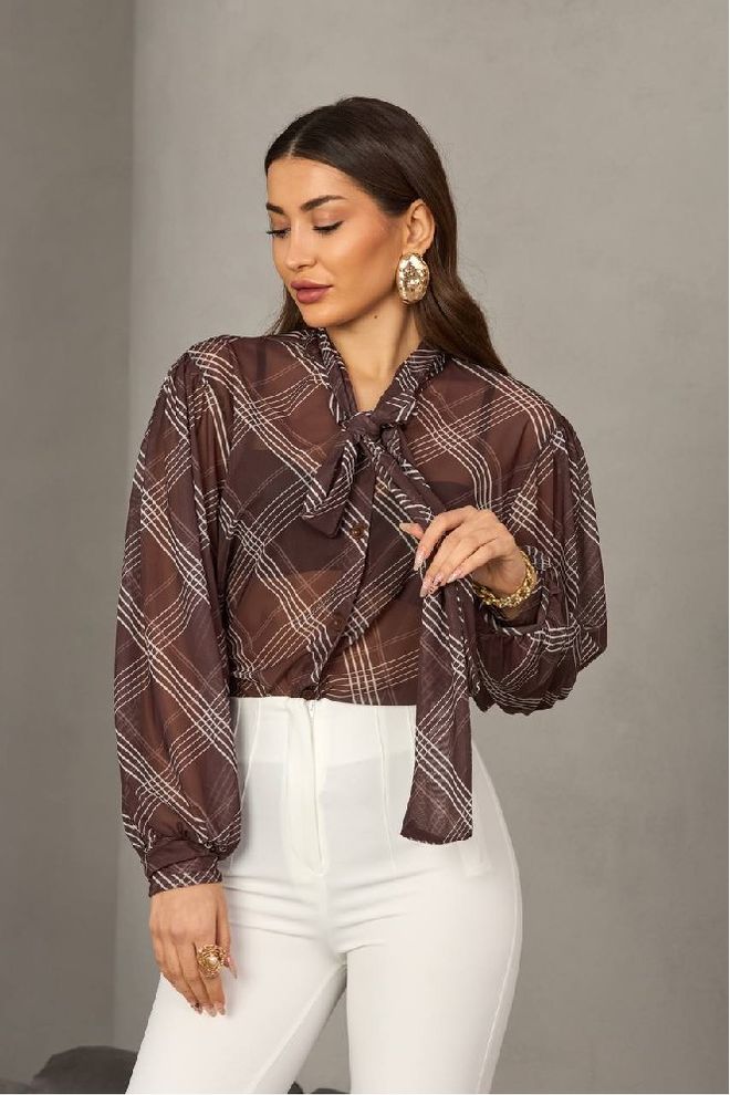 Mistix Elegant Brown Checkered Polo Neck Shirt Wholesale Clothing Casual