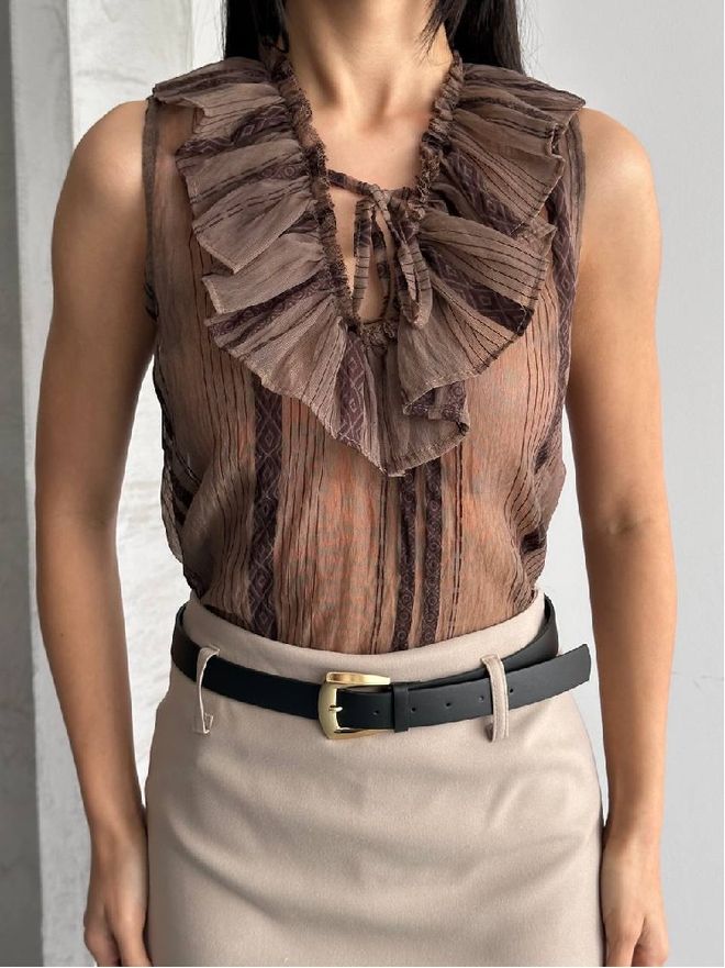 Mistix Блуза Кафяв Винтидж Без Ръкави С Райе И V образно Деколте Дрехи на едро Небрежен