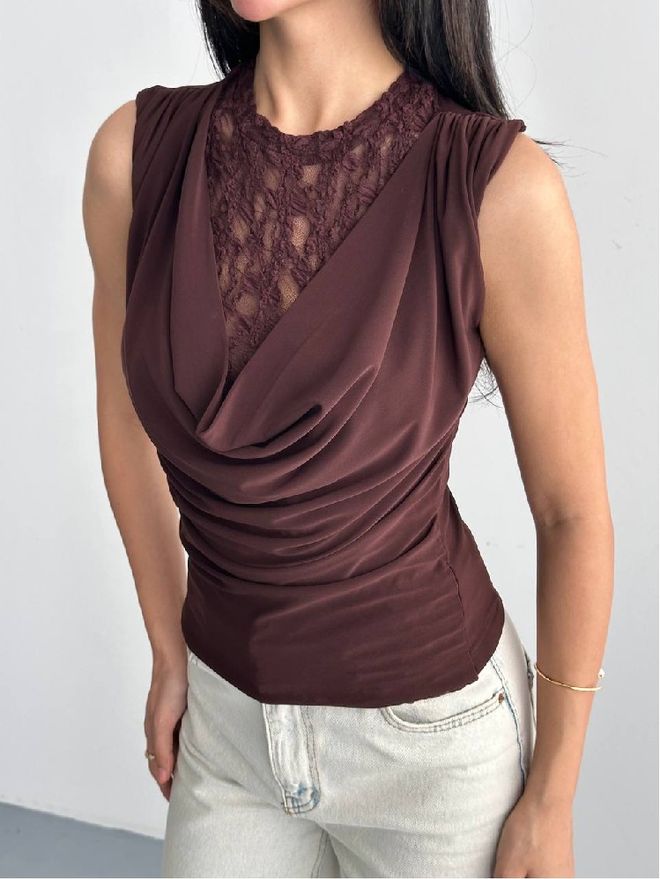 Mistix Блуза Кафяво Елегантна Без Ръкави С Гръцко Деколте И Вталена Дрехи на едро Винтидж