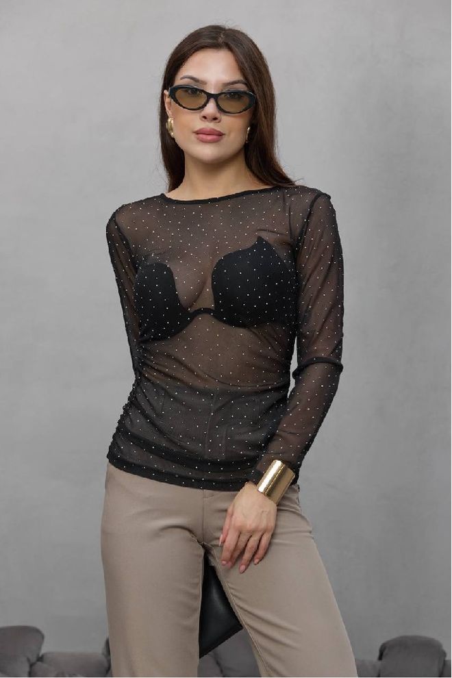 Mistix Črna Bleščeča Ozka Bluza Z Dolgimi Ravnimi Rokavi Oblačila na debelo Ležerno