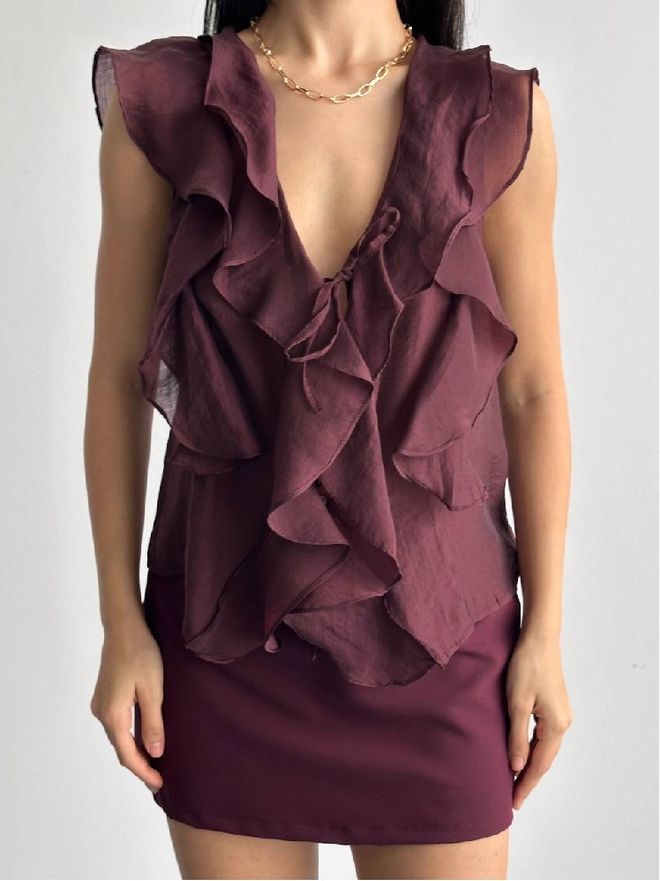 Mistix Eleganten Bordo Bluz Brez Rokavov Oblačila na debelo Vintage