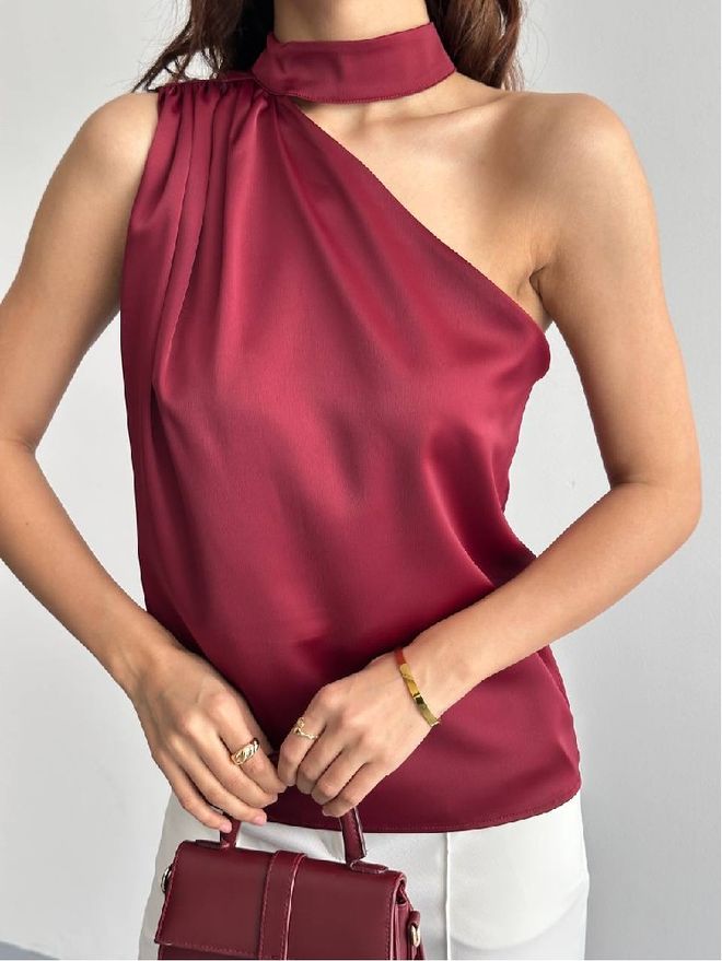 Mistix Bluza Bordo Rdeča Z Izrezom Na Eno Ramo Oblačila na debelo Vintage