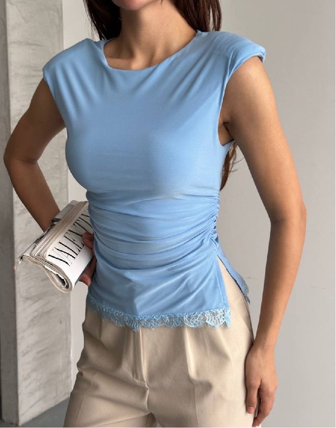 Mistix Blue Slim Fit Sleeveless Blouse With Cap Sleeves Wholesale Clothing Casual