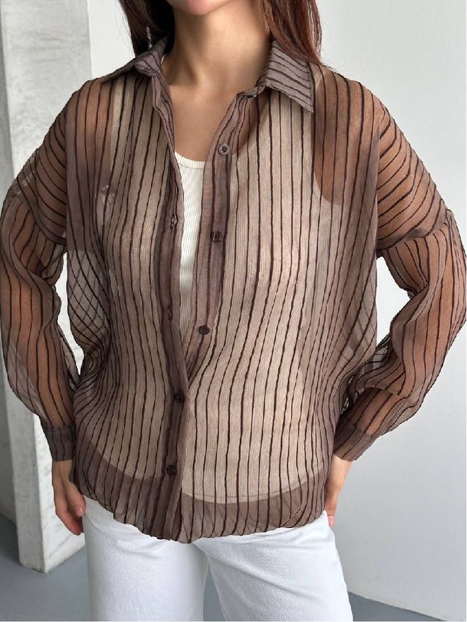 Mistix Bruine Gestreepte Casual Elegante Shirt Groothandel Kleding Casual