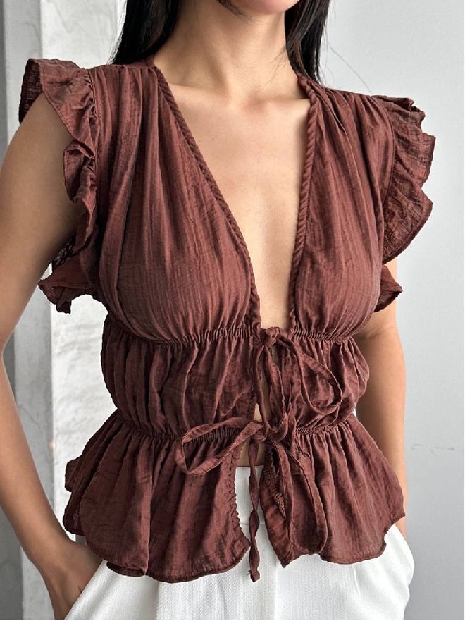 Mistix Rjava Bluza Z Rokavi Z Naborki Oblačila na debelo Ležerno