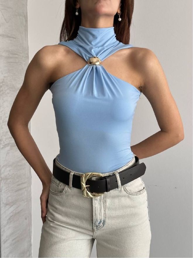 Mistix Blue Slim Fit Sleeveless High Neck Blouse Wholesale Clothing Casual