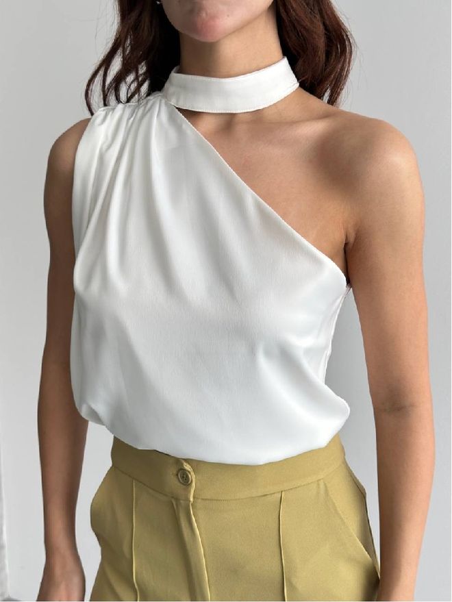 Mistix Bluza Alb Elegant Cu Decolteu Pe Un Singur Umăr Îmbrăcăminte cu ridicata Casual