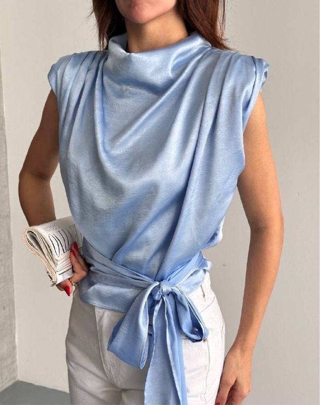 Mistix Elegant Blue Blouse With Cowl Neck And Cap Sleeves Wholesale Clothing Casual