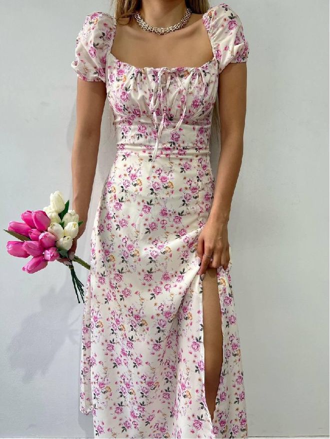 Mistix فستان زهري مزخرف بأكمام منفوشة وفتحة رقبة مربعة ملابس بالجملة غير رسمي