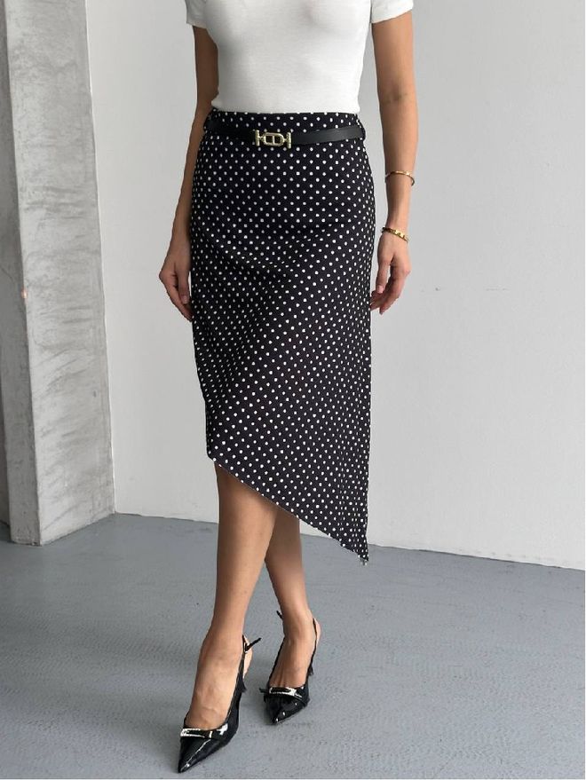 Mistix Črna Elegantna Pikčasta Asimetrična Midi Krilo Oblačila na debelo Vintage