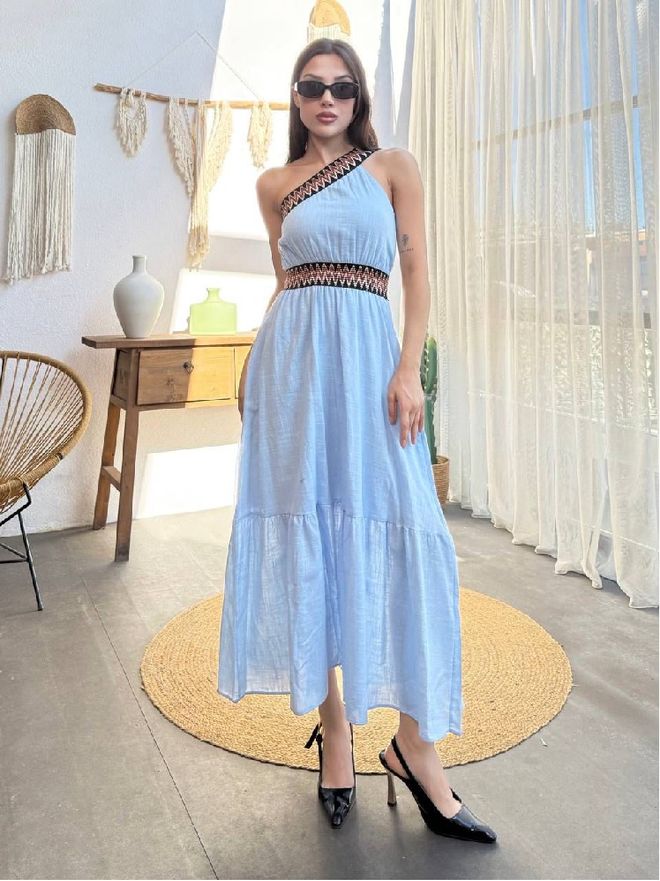 Mistix Mėlyna A Silueto Maxi Su Vienu Peties Iškirpte Ir „cap“ Rankovėmis Didmeninė prekyba drabužiais Kokteilinė