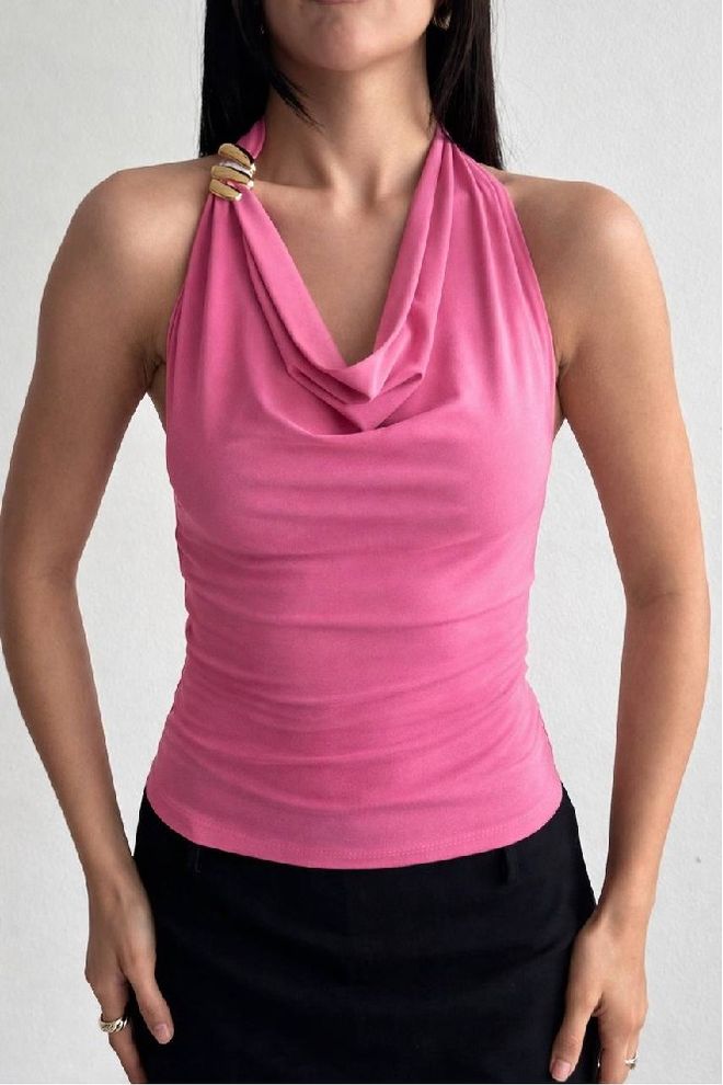 Mistix Bluză Roz Sexy Cu Decolteu Drapat Și Mâneci Capac Îmbrăcăminte cu ridicata Casual