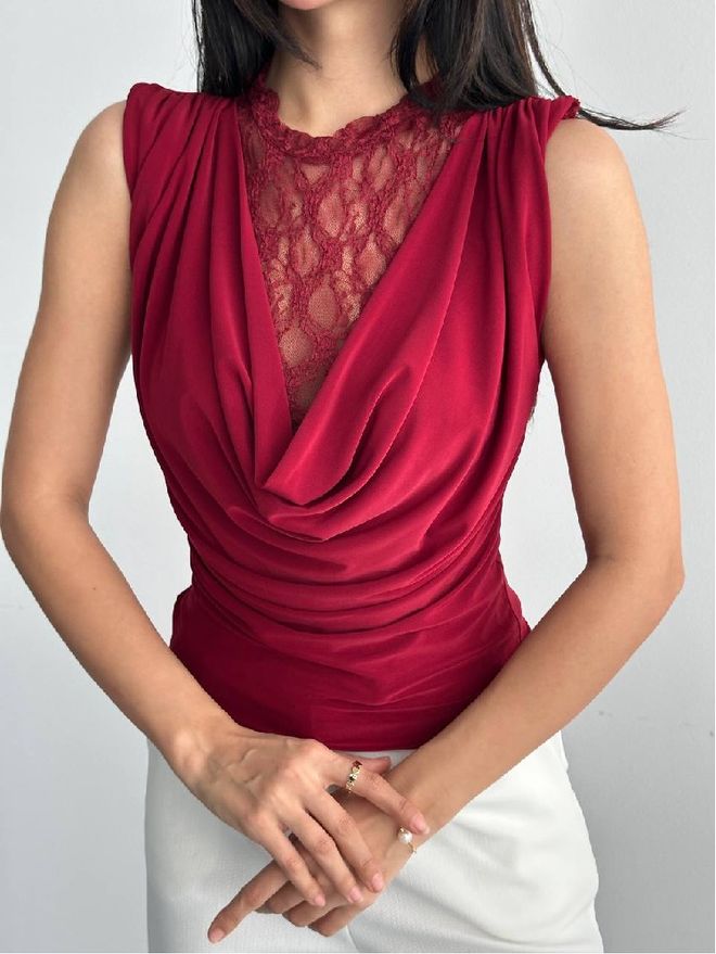 Mistix Bluza Bordo Crvena S Padajućim Izrezom I Jako Kratkim Rukavima Veleprodaja odjeće Vintage