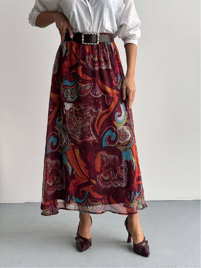 Mistix Gonna Rossa Etnica Svasata Maxi A Vita Alta Abbigliamento all'ingrosso Casuale