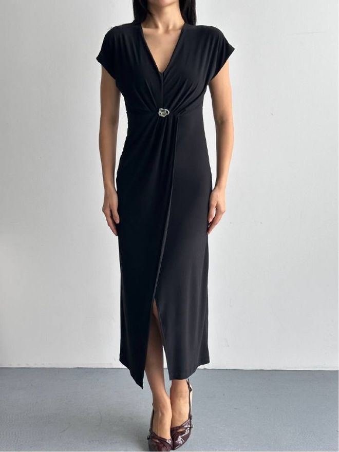 Mistix Елегантна Црна Хаљина Замотана Са В изрезом И Капа Рукавима Велепродаја одеће Секси