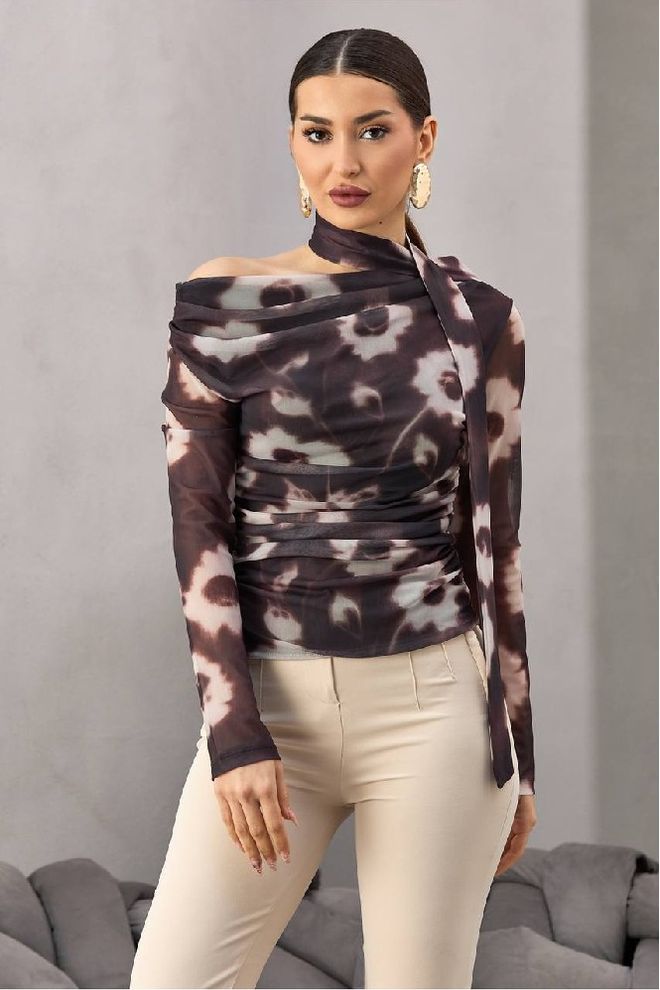 Mistix Rjava Elegantna Ozka Bluza S Tie Dye Vzorcem Oblačila na debelo Vintage