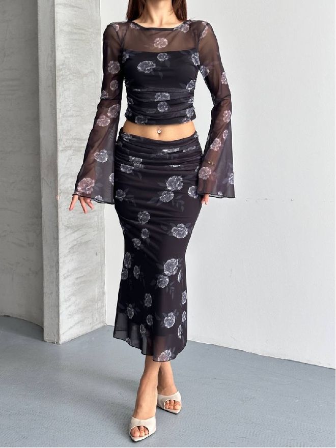 Mistix Set Črna Prilegla Cvetlična Sirena Maxi Oblačila na debelo Vintage