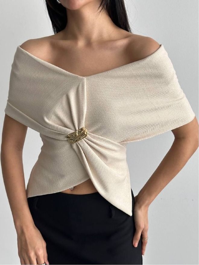 Mistix Bluză Bej Croială Ajustată Cu Decolteu Fără Umeri Îmbrăcăminte cu ridicata Casual