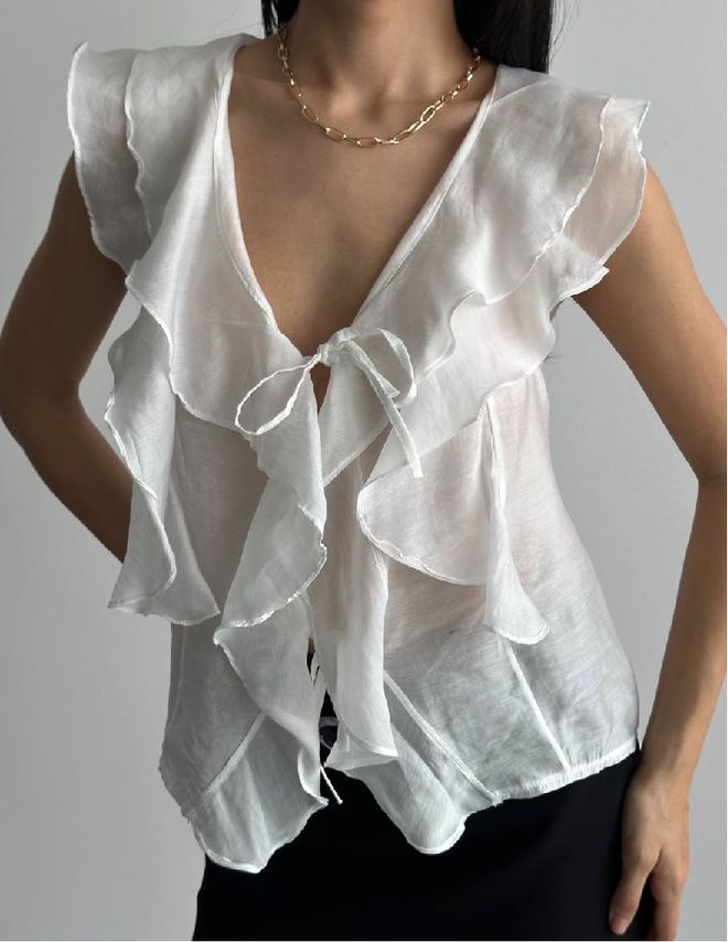 Mistix Chemisier Blanc Élégant À Manches Flottantes Et Col En V Vêtements en gros Décontracté