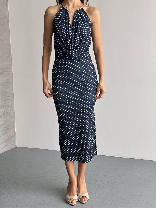 Mistix Vestido Slip Azul marinho De Bolinhas Elegante Roupas por atacado Vintage